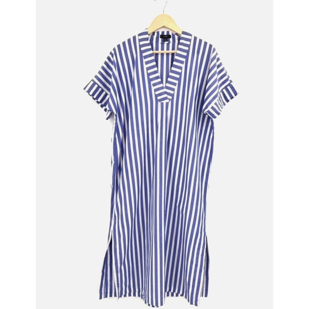 J.Crew Striped Blue White Midi Dress Cotton Poplin V-Neck Short Sleeve Size M - Picture 2 of 12